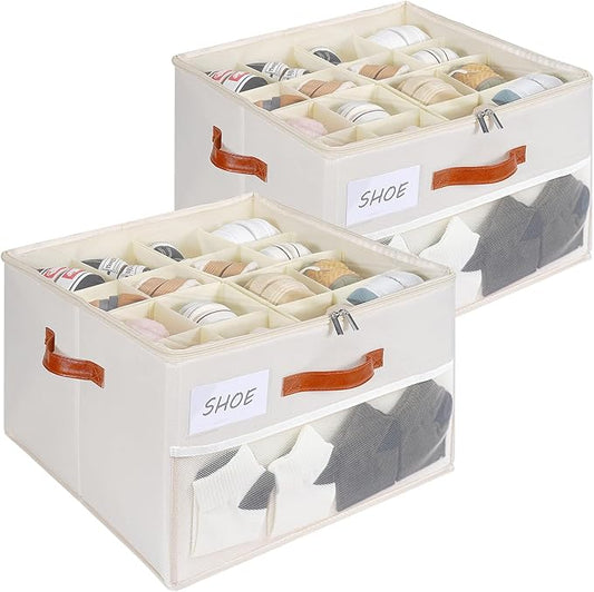 Shoe Organizer for Closet, Shoe Storage Box, Foldable Shoe Box with Adjustable Dividers and Clear Cover, Closet Shoe Organizer Fits up to 16-32 Pairs, Extra Storage Pocket for Socks (2 Pack)