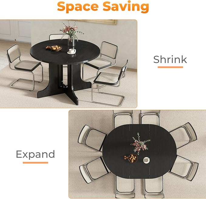 43"-59" Extendable Dining Room Table for 4-6, Expandable Round Dining Table, Oval Tabletop with Trestle X-Shaped Base & Metal Track for Office, Living Room-Black