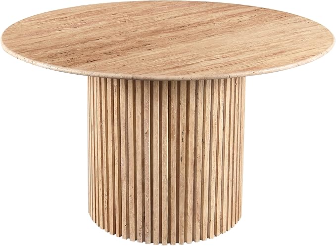 Meridian Furniture 248Travertine-DT48 Genoa Collection Art Deco Dining Table with Handcrafted Genuine Travertine, Natural Travertine Beige Color, 48" W x 48" D x 30" H, Beige
