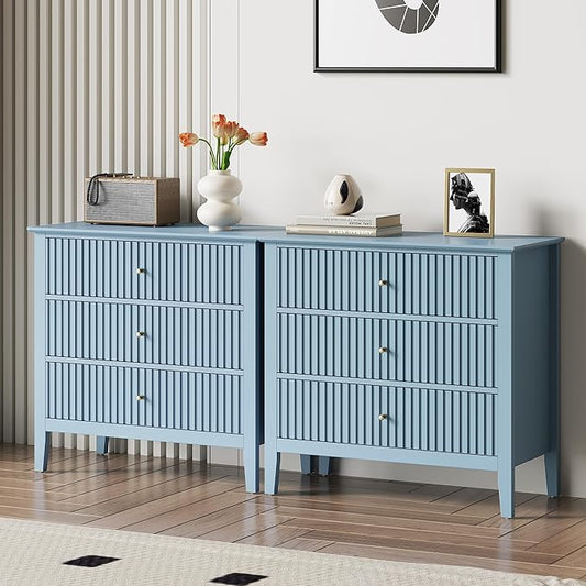 Large Muted Blue Fluted 3 Drawer Dresser Set of 2, Chest of Drawers with Ball Bearing Slide Modern 30 inch Tall Wood Nightstand with Spacious Storage for Living Room Entryway