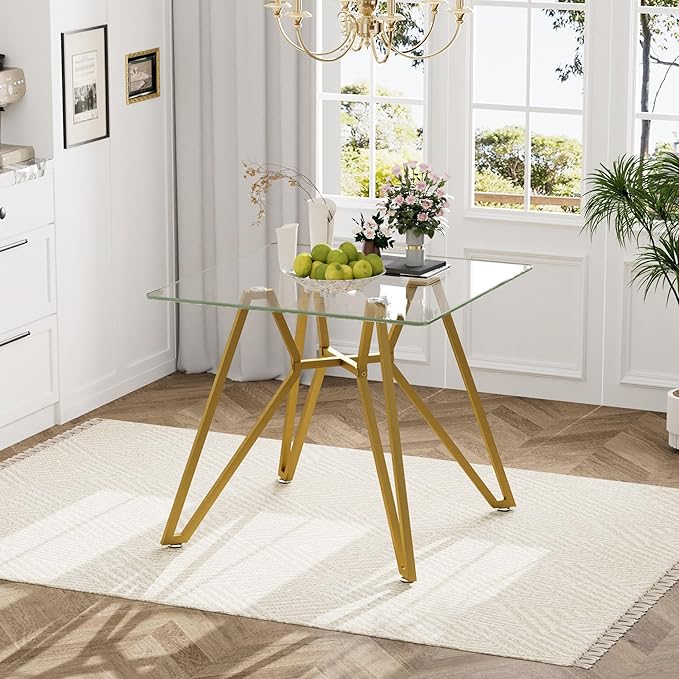 KEIKI 35.4-inch Square Tempered Glass Dining Table, Suitable for 2-4 People, Space-saving Small Kitchen Dining table, Equipped with Sturdy Metal Table Legs, Suitable for Dining Room, Living Room, Gold