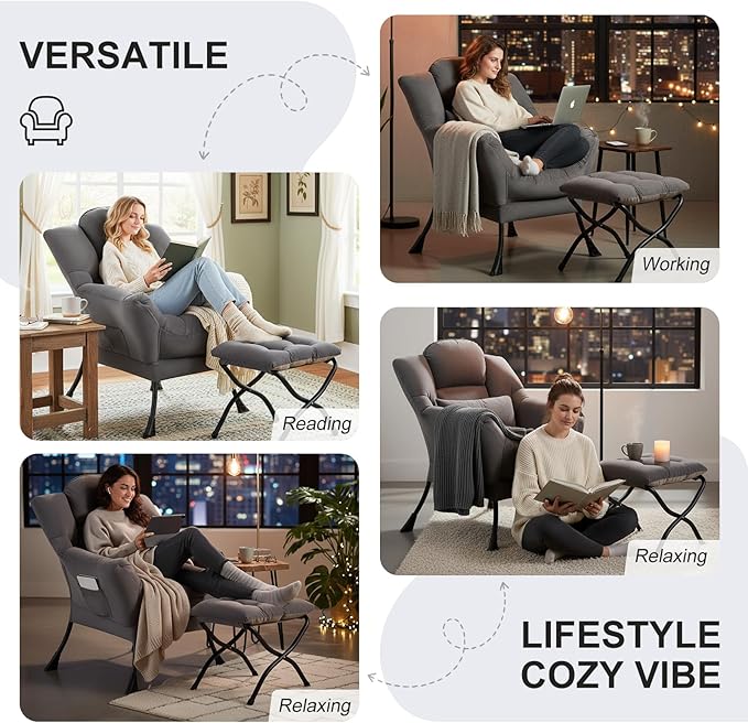 Lazy Chair with Ottoman, Comfy Fabric Accent Lounge Arm Chair with Lumbar Pillow and Folding Footrest, Reading Leisure Sofa Armchair for Bedroom, Living Room, Dorm,Dark Grey