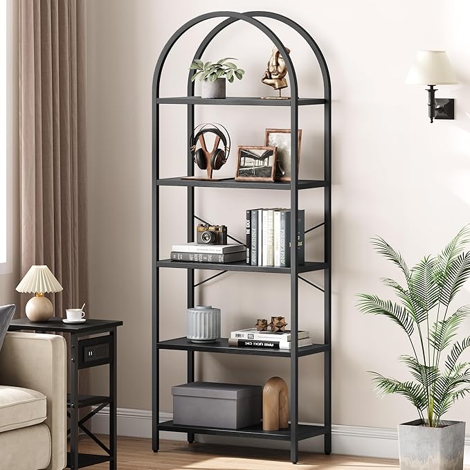 CABIHOME Bookshelf Tall Bookcase Arched Standing Bookshelves Modern Display Racks 5 Tier Storage Rack Shelf Large Wood Book Shelf for Bedroom, Living Room, Home Office