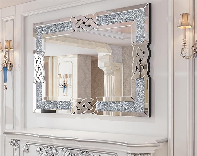 Crushed Diamond Mirror Silver Vanity Rectangular Wall Decor 36x24 inch