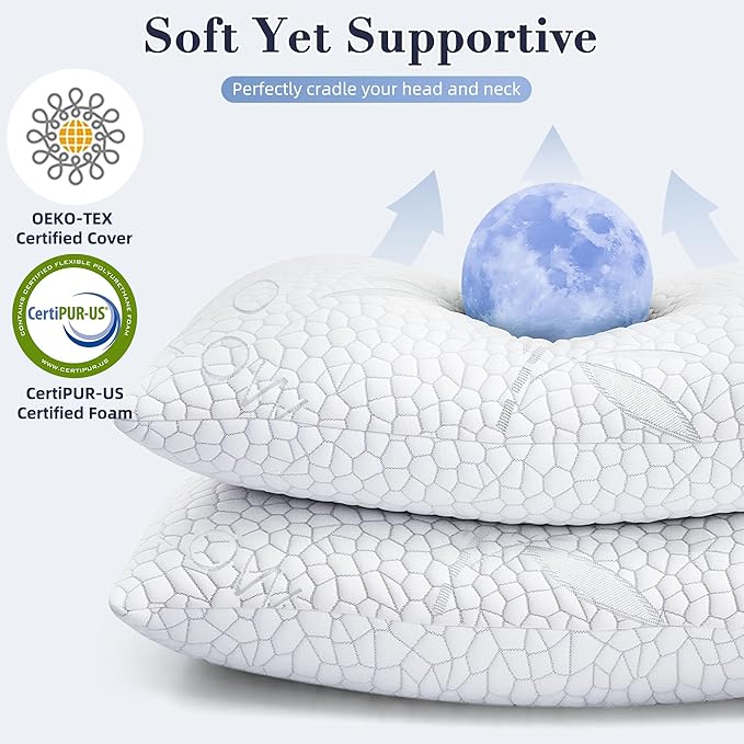 Yettbea Adjustable Shredded Memory Foam Pillows Queen Size Set of 2, Luxury Cooling Bamboo Rayon Pillow w/Washable Zippered Cover, Soft or Firm Support Bed Pillow for Side, Back, Stomach Sleeper