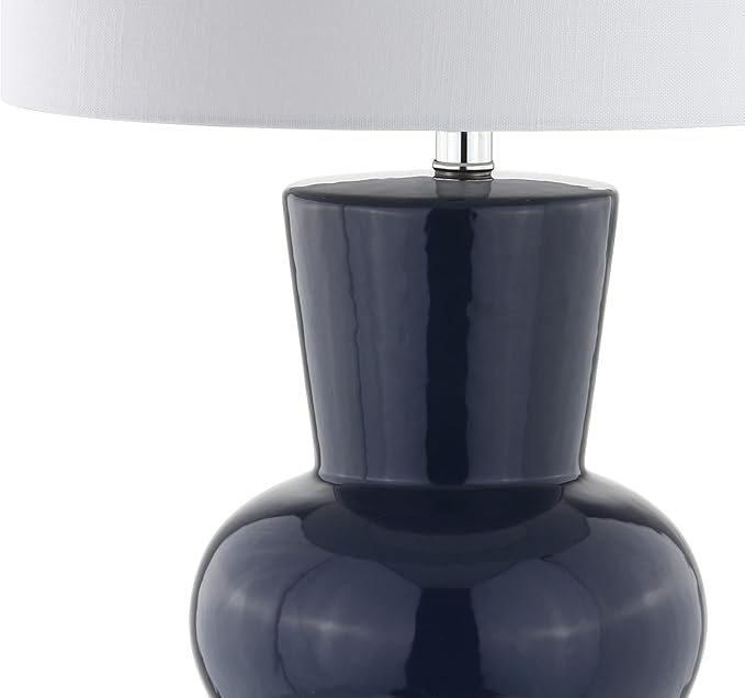 JONATHAN Y 28.5" Navy Ceramic Table Lamp for Living Room Bedroom Nightstand, Modern Hourglass LED Bedside Lamp with Crystal Base and Linen Shade (JYL4027B)