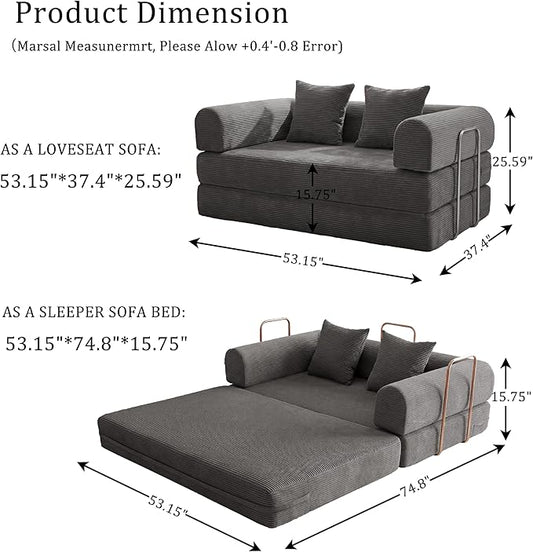 HouseMila 53.15" Boneless Couch,4-in-1 Futon Sofa Bed Modular Loveseat Sleeper Folding Compressed Couch with Pillows,No Assembly Required Convertible Sofa Bed for Living Room Bedroom Guest Room,Grey