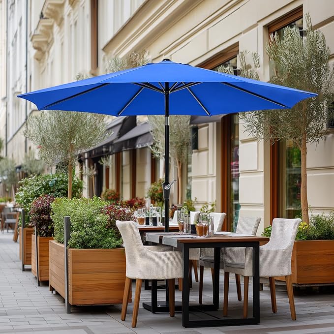 OLIXIS 9ft Patio Umbrella with Tilt and Crank Button & 8 Sturdy Ribs Waterproof, 9 Feet Patio Table Umbrella Perfect for Poolside, Terrace, Beach and Outdoor Restaurant, Blue