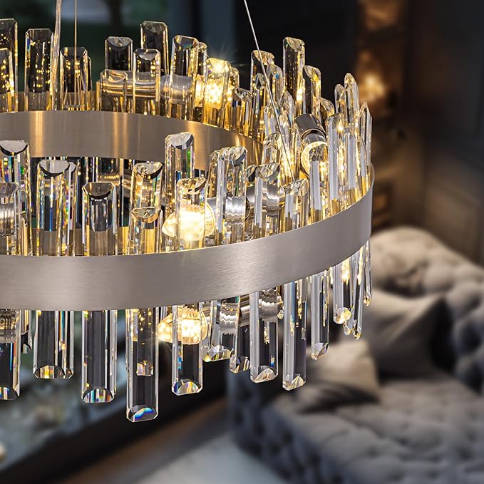 Crystal Chandelier for Dining Room, 12-Light Chrome Silver Round Chandelier, 23.6-inch K9 Crystal Raindrop Ceiling Light, Luxury Flush Mount Light Fixture for Kitchen Living Room