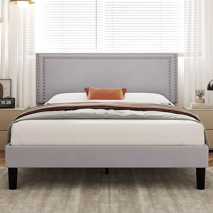 VECELO Queen Size Bed Frame with Adjustable Upholstered Headboard, Wooden Slats Platform, Noise-Free Design, Easy Assembly