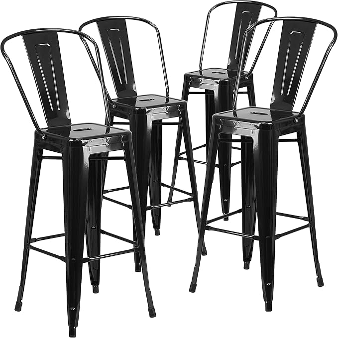 Flash Furniture Lily Commercial Grade 4 Pack 30" High Black Metal Indoor-Outdoor Barstool with Removable Back