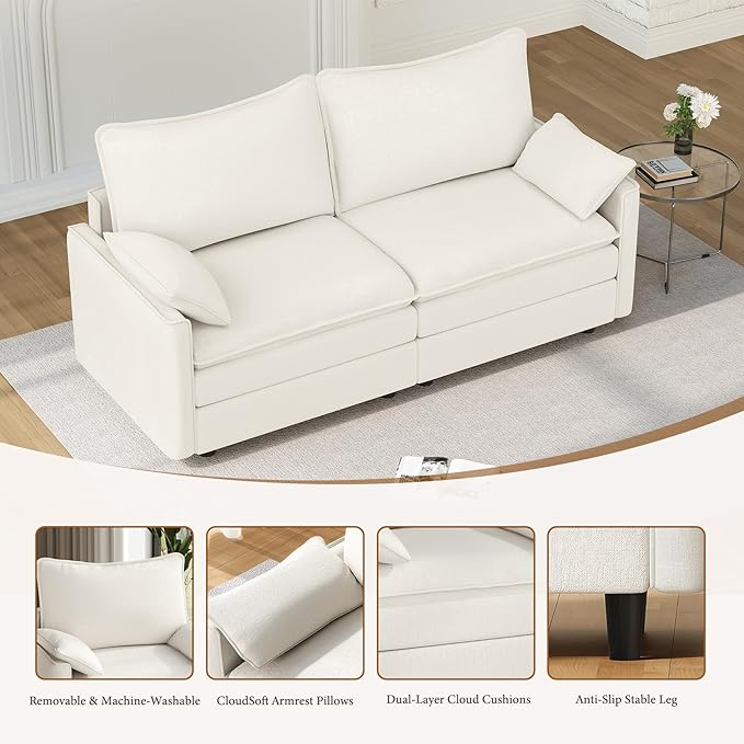 Vesgantti 74" Loveseat Sofa for Living Room, Comfy Cloud Couch Deep Seat Chenille Modern 2 Seater Small Sofa with Armrest Pillow, Easy Assembly for Small Spaces, Snow White | Sink-in Comfort, Height Adjustable, Easy Rearrangement, Extra-deep Ottoman, S...