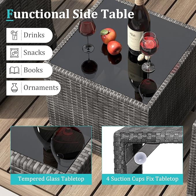 LDAILY Patio Furniture Set, 3 Pieces PE Rattan Wicker Patio Sofa Chairs with Washable Cushion & Glass Table, Outdoor Furniture Conversation Sets for Porch, Balcony, Garden, Poolside (Turquoise)