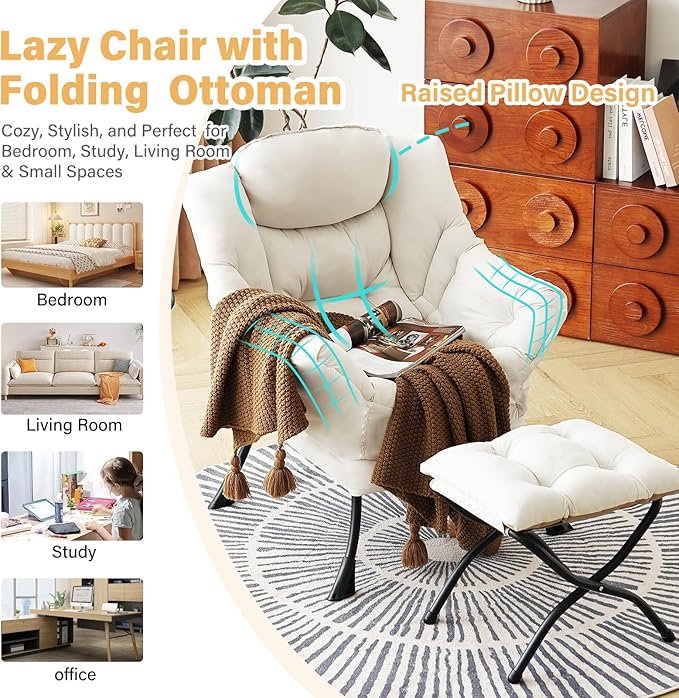 Lazy Chair with Ottoman, Modern Chair with Folding Footrest, Beige Accent Chair, Comfortable Reading Chair, Oversized Armchairs for Bedroom, Study, Living Room, Courtyard