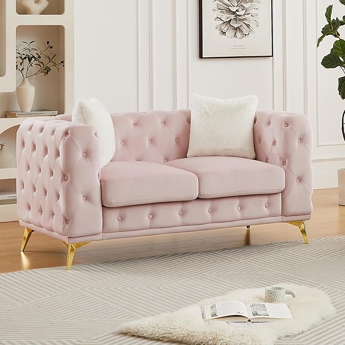 KEIKI 61" Luxury Oversized Velvet Chesterfield Sofa with 2 Pillows, Mid-Century Style 2-Seater Tufted Buttons Couch with High-Density Foam Cushions, Easy Assembly, for Apartment, Living Room, Pink