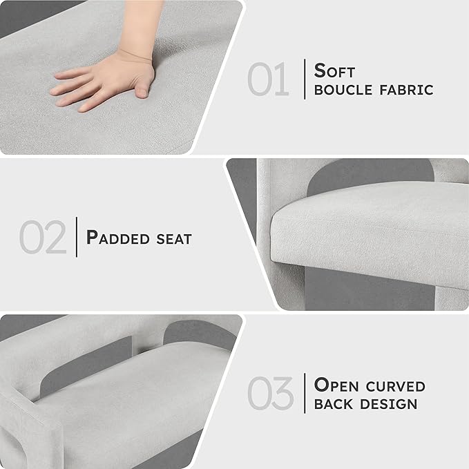 Lexicon 54.5 Inch Modern Curved Boucle Upholstered Dining Bench, Open Back Design, Soft Contemporary Accent Bench for Dining Room/Entryway, No Assembly Required, Light Grey