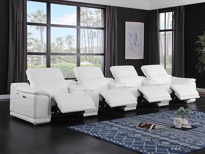 BlackJack Furniture Venice Top Grain Italian Leather Power Recline 7 Piece 4 Seater Sofa - 175" Theater Seating Modern Couch for Living Room Apartment with Adjustable Headrests & USB Port, White