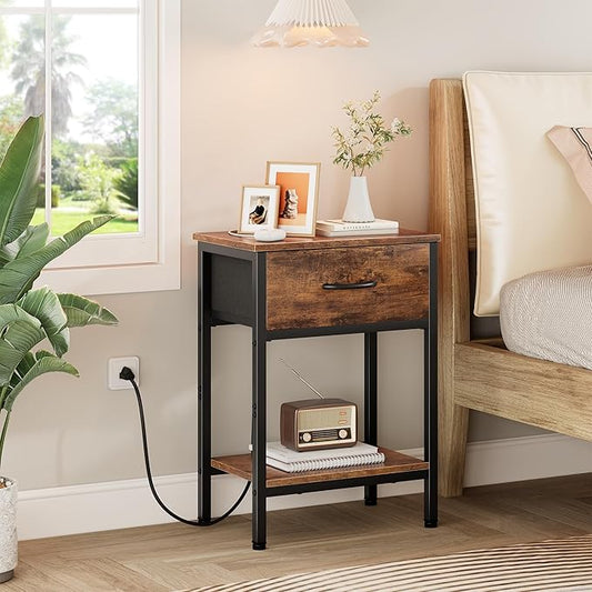 Vagusicc Nightstand with Charging Station, End Table with Fabric Drawer, Small Side Table with 2-Tier Storage Shelves, 25.4" Tall Bedside Table, Night Stand for Bedroom Living Room Dorm, Rustic Brown