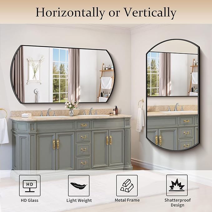 Bathroom Mirror, 30x55 Inch Black Oval Wall Mounted Mirror with Thin Metal Frame, Modern Bathroom Vanity Mirrors for Over Sink, Entryway, Living Room, Bedroom