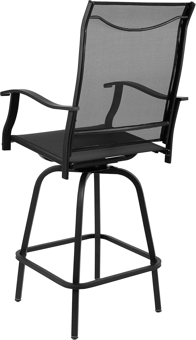 Flash Furniture Valerie All-Weather Swivel Patio Barstools with Footrest and Armrests, Modern Sling Outdoor Bar Height Stools, Set of 2, Black
