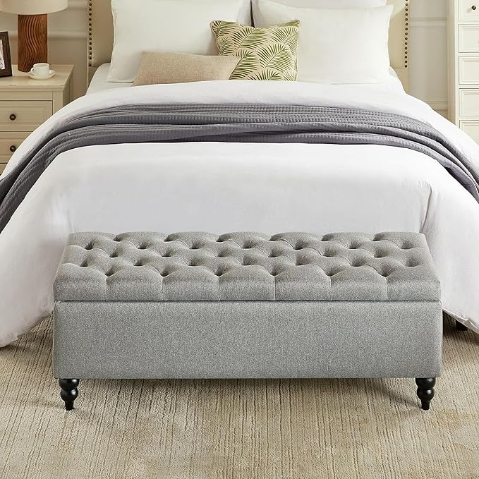 Storage Ottoman Bench 50.2 Inches, Upholstered End of Bed Ottoman Bench with Storage and Seating, Large Blanket Bench for Foot Rest in Bedroom, Living Room, Entryway (Grey)