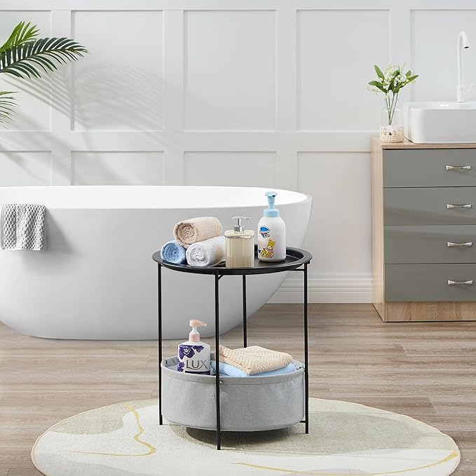 VECELO Round Side/End Table with Fabric Storage Basket，Metal Anti-Rust and Waterproof Small Bedside Nightstand with Removable Tray Top for Living Room，Balcony & Laundry，Black /1pcs with Basket