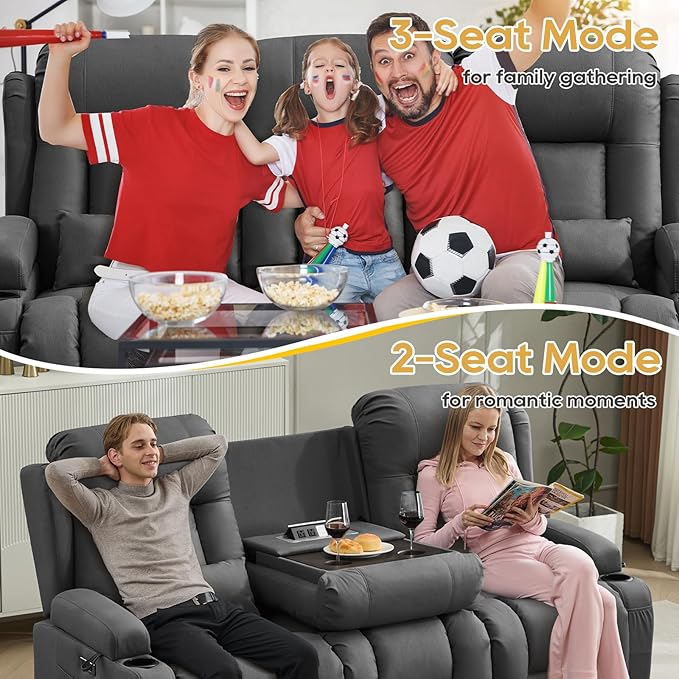 IPKIG Power Recliner Sofa with Flip-Up Backrest Console, USB & USB-C Ports, AC Outlet, LED Lights, Wall Hugger Recliners for Living Room, RV (Grey, 76.8" - 3 Seat) | Leathaire Fabric, Zero Gravity, Dual Reclining, 2 Lumabr Pillow