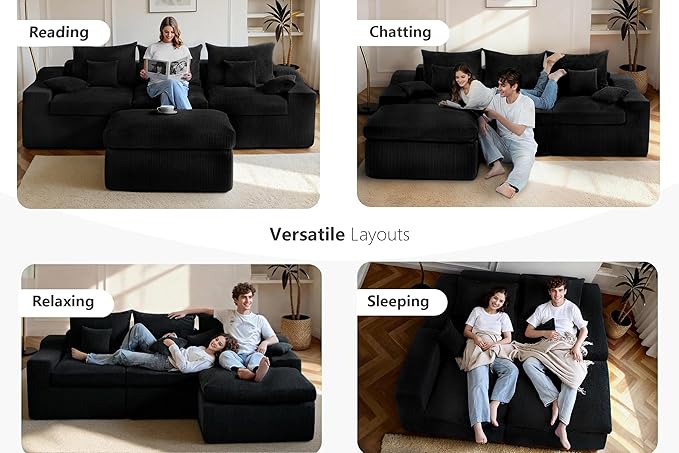 HABUTWAY 104" L Shaped Cloud Sectional Couch, Boneless Modular Sectional Sofa with Deep Seat, Corduroy Couches for Living Room, Modular Couch, No Assembly Required (Black)