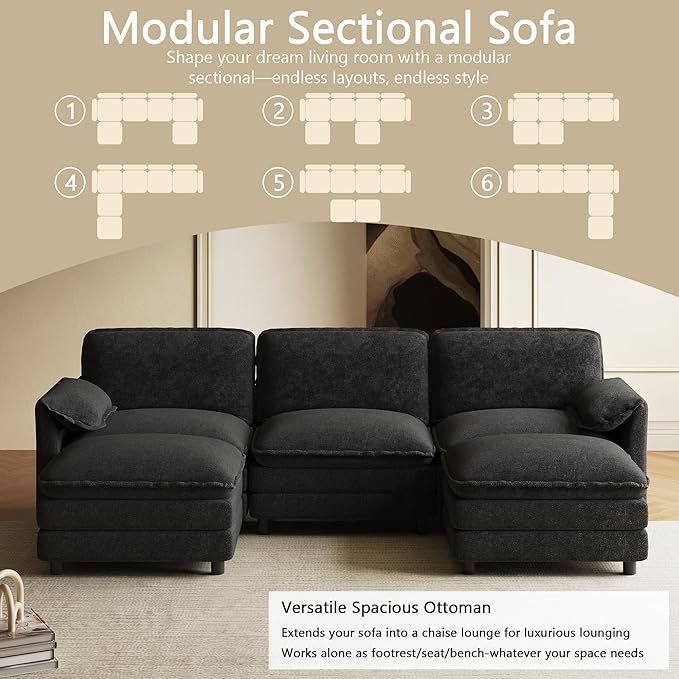 114" U Shaped Cloud Couch Sectionals Comfy Black Sectional Couches for Living Room Modern Oversized Modular Sofas with Ottoman, Fluffy Chenille Large Big 5 Seat Sofa Set
