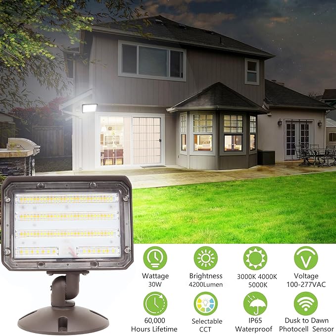 2Pack Dusk to Dawn Outdoor 30W LED Flood Light with Knuckle & Plate Mount, 3000K/4000K/5000K Color Selectable, ETL Commercial LED Security Lighting
