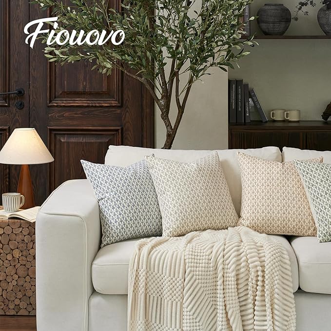 FIOUOVO Floral Pillow Covers 18x18 Pillow Cover Block Print Couch Pillows for Living Room Decorative Neutral Accent Throw Pillow Covers, 1PC, Aqua Blue
