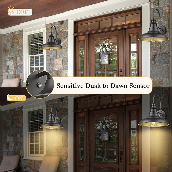 Dusk to Dawn Sensor Outdoor Barn Light Fixture, 12.3 Inch Dome Outdoor Wall Sconce Farmhouse Wall Mount Lights Exterior Light Fixture Black Finish Industrial Wall Lantern for Porch, 1Pack