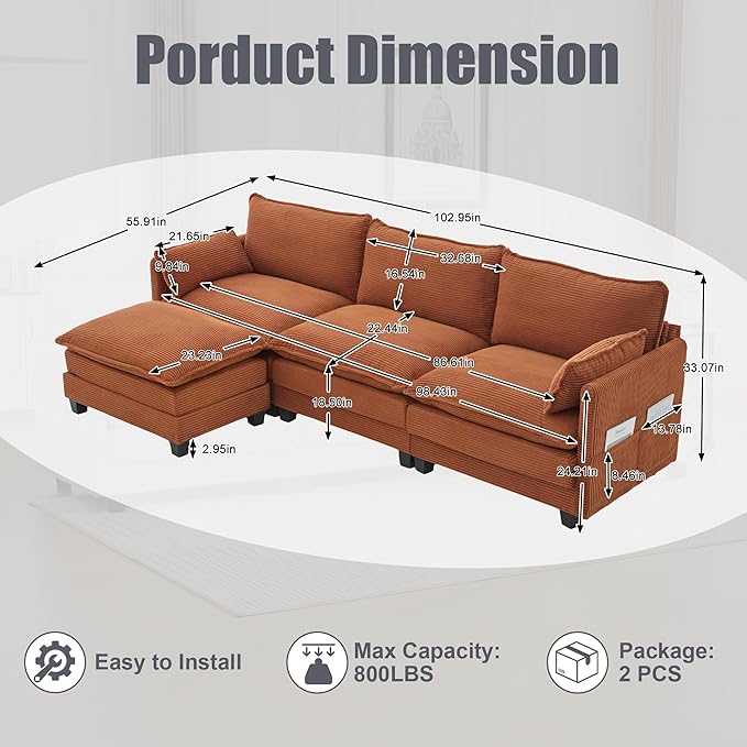 103" Oversized Modular Sectional Sofa Couch with Reversible Ottoman, Free Combination Convertible Corner Couch,Corduroy Upholstered Cloud Sectional Couch with Side Pockets | Multiple Cushions, DIY Combination, Removable Cover