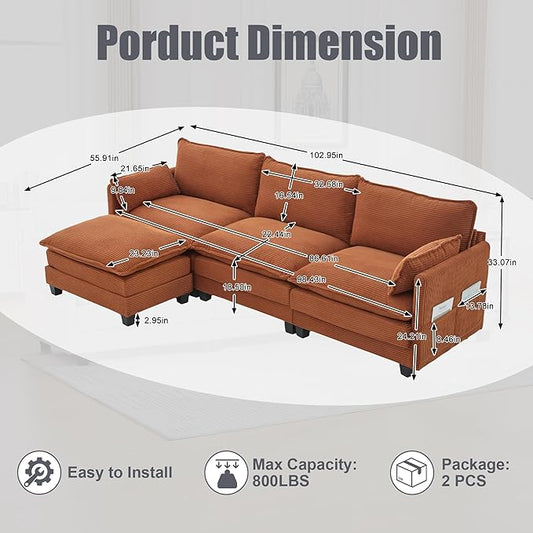 103" Oversized Modular Sectional Sofa Couch with Reversible Ottoman, Free Combination Convertible Corner Couch,Corduroy Upholstered Cloud Sectional Couch with Side Pockets | Multiple Cushions, DIY Combination, Removable Cover