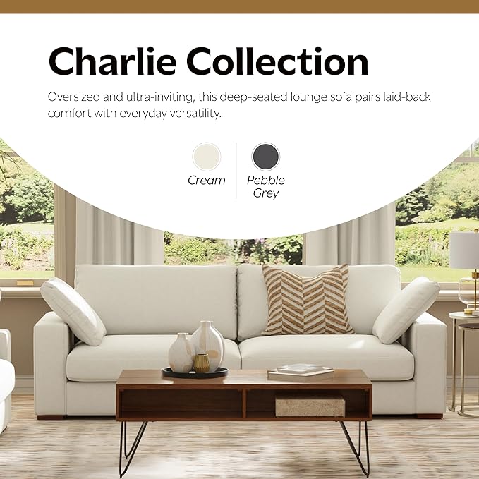 SIMPLIHOME Charlie Sofa in 100% Recycled Polyester Tightly Woven Performance Fabric, Cream, 96-inches Wide, Handcrafted Contemporary Style Sofa for Living Room or Couch for Family Room