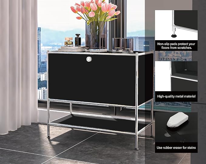 Metal Sidetable with Flap Door, 27.5" Height - DIY Modern Furnishing for Home, Office, Foyer, Bedroom - Night Stand, Book Shelf, Bookshelf, Cube Storage Organizer, Bedside Table (Black)