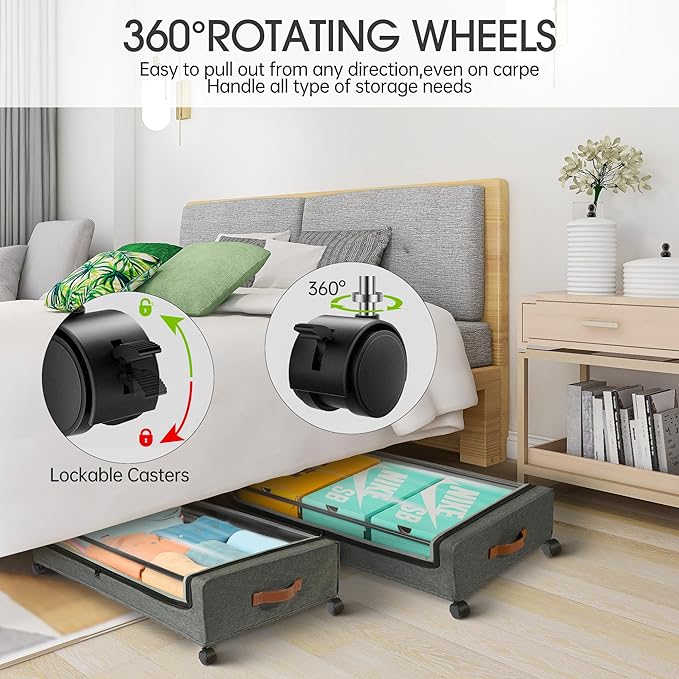 Yecaye Under Bed Storage with Wheels, 4 Pack 60L Under Bed Rolling Storage with Clear Window & Label, Underbed Storage Containers, Rolling Under Bed Metal Drawer for Clothes, Shoes, Books