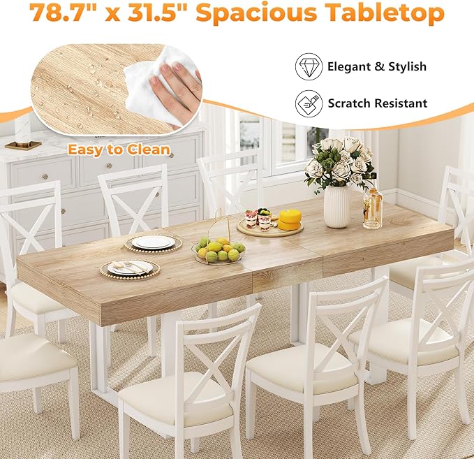 63"-78.7" Expandable Dining Table, 6-10 Farmhouse Kitchen Table, Extendable Dining Table, Rectangular Kitchen Table with Metal Track, Tapered U-Shaped Legs for Dining Room, Office-Oak