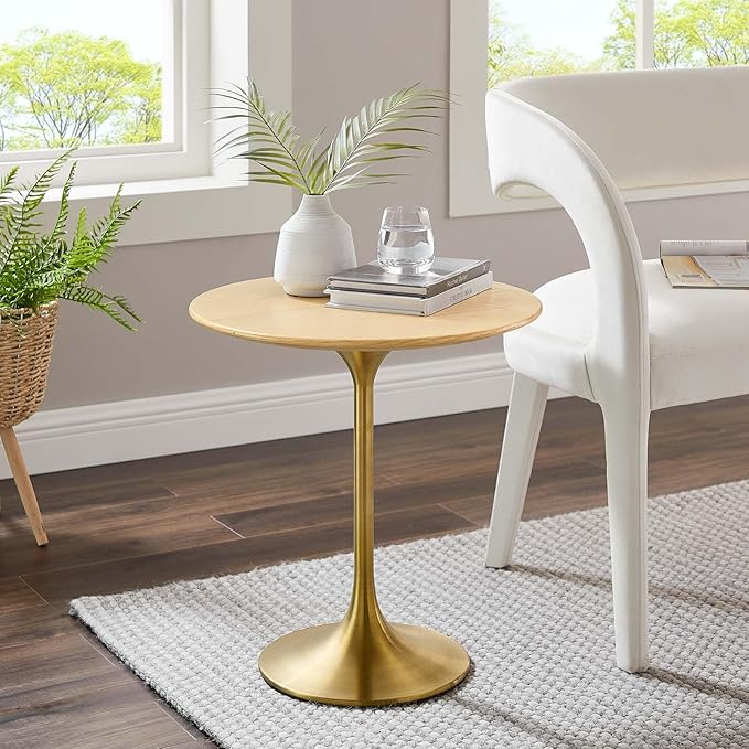 Modway Lippa Round 20" Wood Grain Mid-Century Modern Side Table, Gold Natural