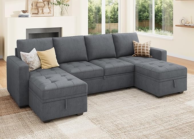HONBAY Modular Sectional Sleeper Sofa with Pull Out Bed,U Shaped Couch with Storage Seat,Sectional Couches for Living Room,Bluish Grey
