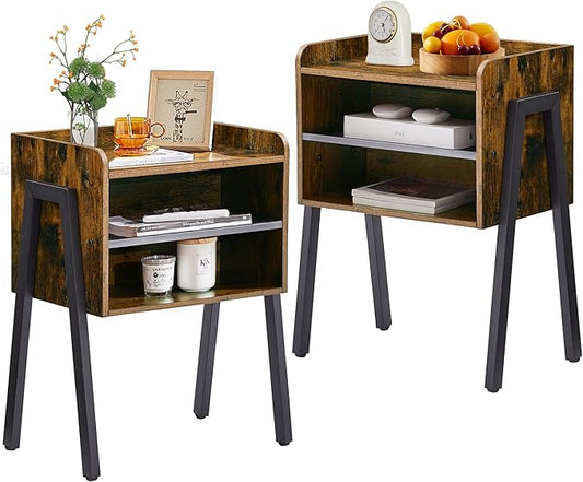 VECELO Nightstand Set of 2,Industrial Side End Table/Stackable Accent Furniture with 2-Tier Open Storage Compartments for Bedroom, Living Room and Small Spaces