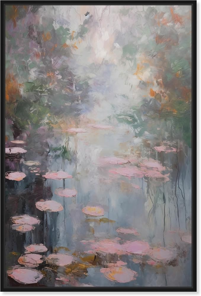 Art Remedy Pink Impressionisty Lilypads Framed Impressionism 1 Piece Canvas Wall Art/Monet And Van Gogh Inspired Art, 31" x 46", Black Frame