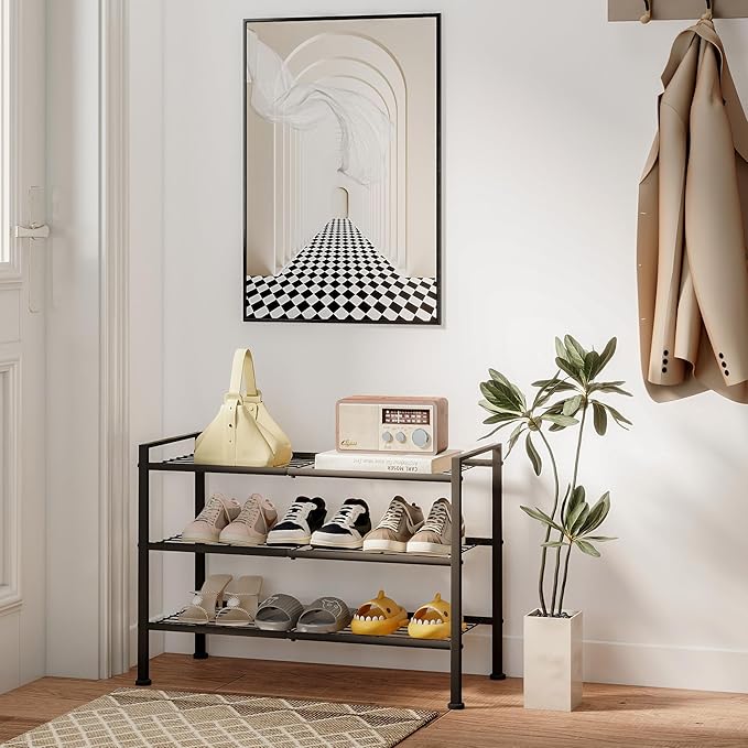 3-Tier Adjustable Shoe Rack, 26.5-Inch Wide Metal Storage Organizer for Closet Entryway, Heavy-Duty Stand for Shoes, Books, or Plants - Easy Assembly (Black)