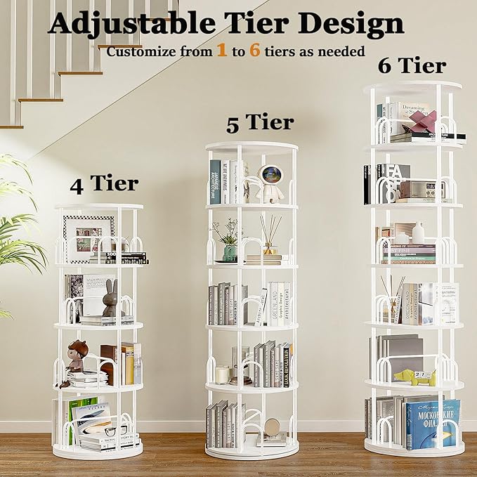 4 Tier Round Rotating Bookshelf Revolving Bookcase, 360° Spinning Book Shelf Tower for Kids, Narrow Rolling Bookshelves for Small Space, Corner, Bedroom, Office