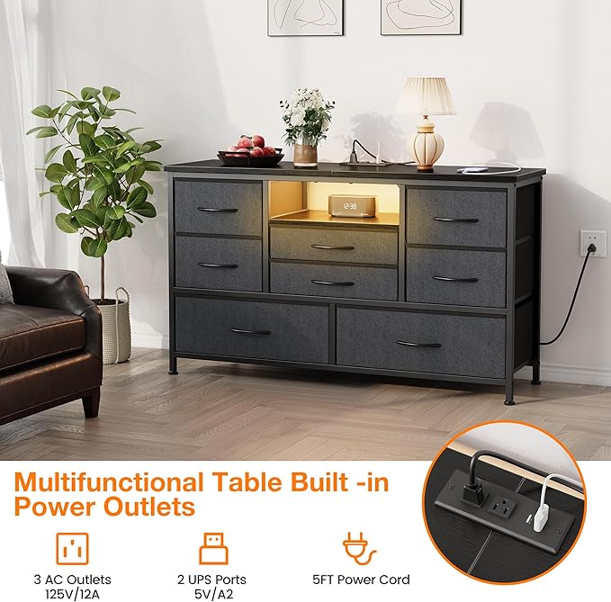 Jojoka 8-Drawer LED Dresser TV Stand with Power Outlet for 55'' TV - Wide Storage Chest for Bedroom, Living Room & Entryway, Wood Top Console Table with 22 Light Modes