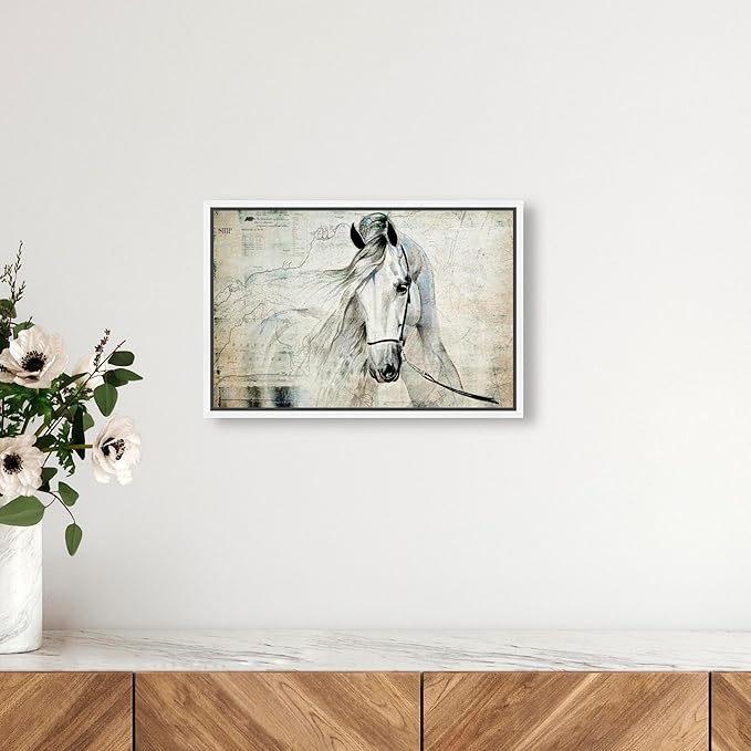 Country Farmhouse Canvas Print Painting Animal Wall Art 'Southern White Horse' White Framed Canvas Rustic Home Décor 15x10 in Gray, Brown by Oliver Gal