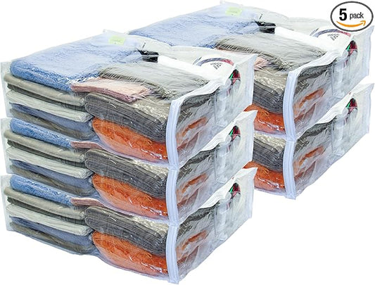 5-Pack Clear Vinyl Zippered Storage Bags 24 x 27 x 7 Inch for Comforters and Bedding Sets