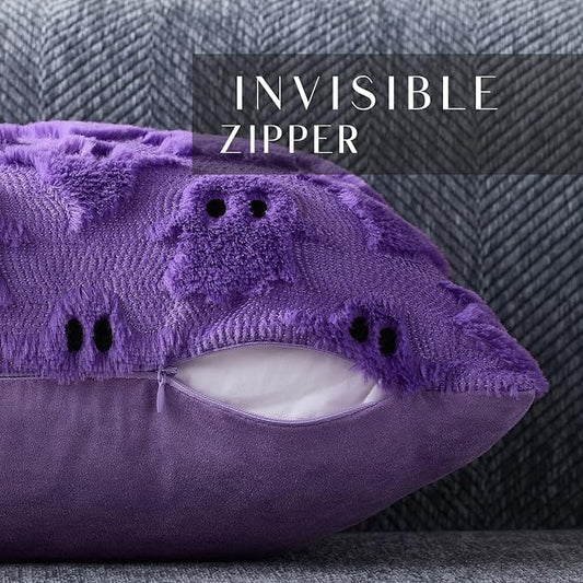 DFXSZ Halloween Pillow Covers 18x18 inch Set of 2 Purple Ghost Throw Pillow Cases Soft Plush Faux Fur Wool Couch Cushion Case for Chair Sofa Bedroom Living Room Home Decor PTK03E18