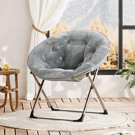 IDEALHOUSE Comfy Folding Padded Saucer Chair, Folding Circle Chair with Metal Frame, Soft Moon Chair for Bedroom, Dorm Rooms, Apartments, Lounging, Garden and Courtyard, Grey with Gold Legs