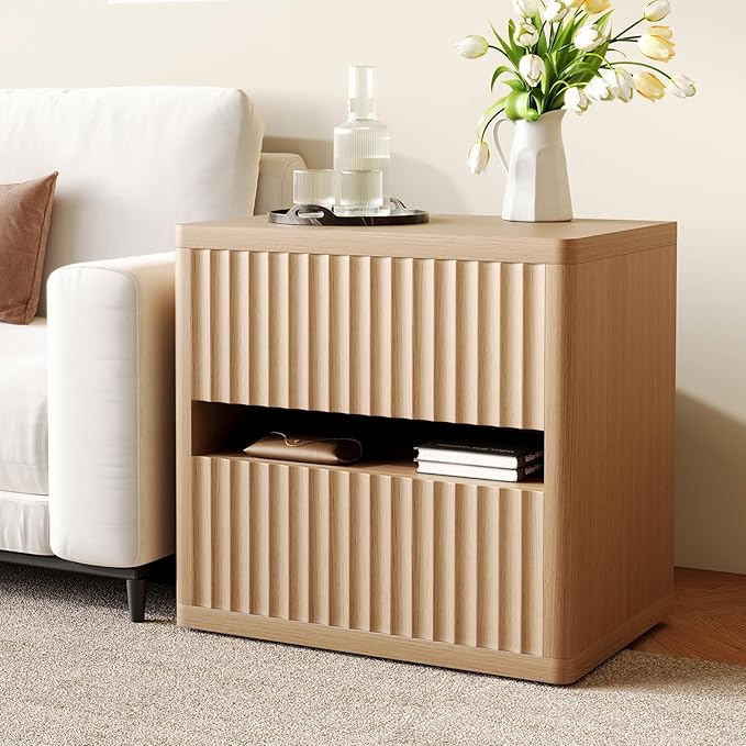 Dripex Fluted Nightstand Set of 2, 22'' Wide Night Stand with 2 Large Drawers, Mid Century Modern Wood Bedside Table with Open Shelf, Large Bed Side End Table for Bedroom, Natural Oak